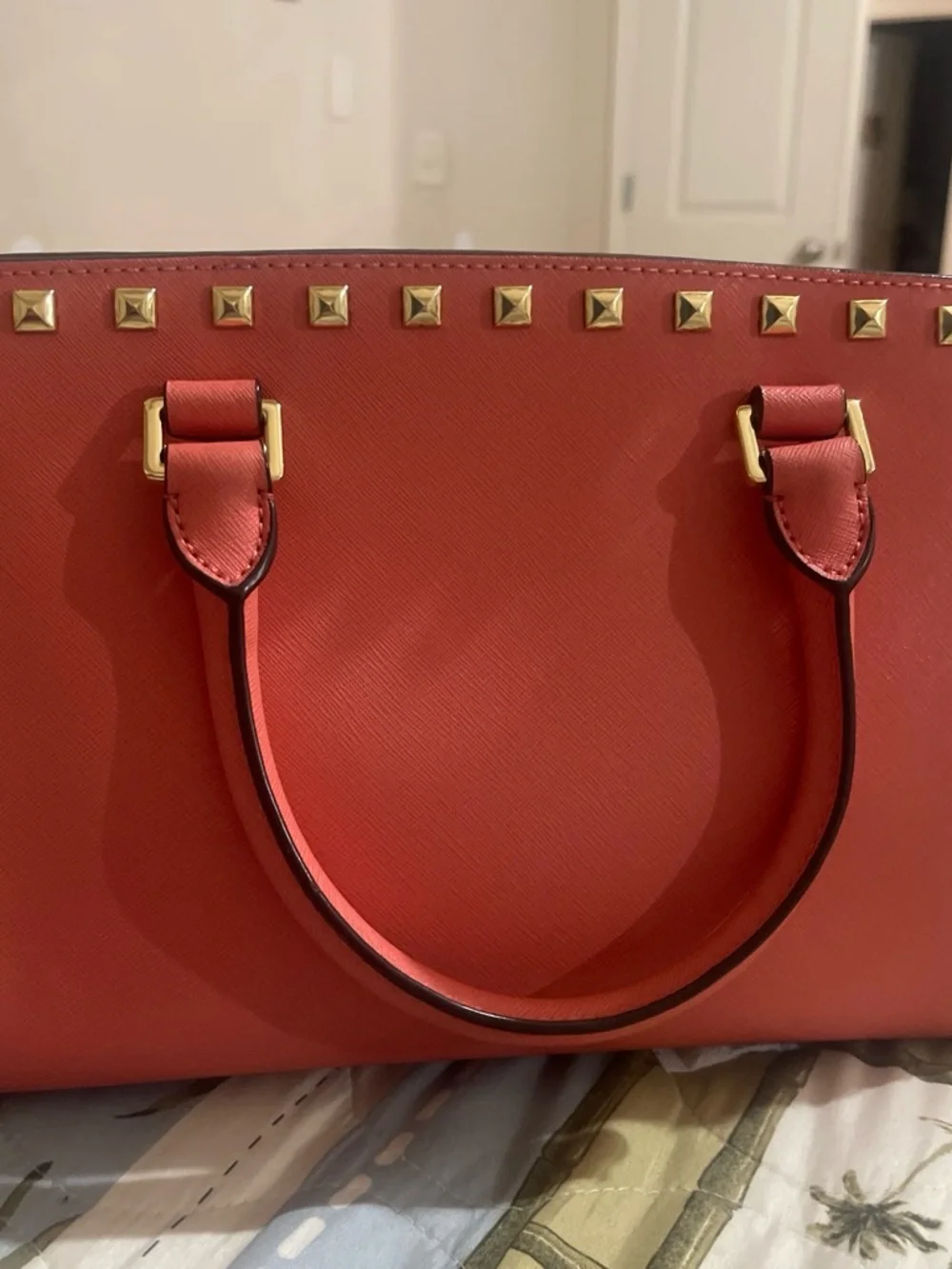 Michael Kors Coral Saffiano Satchel with Gold Tone Studs